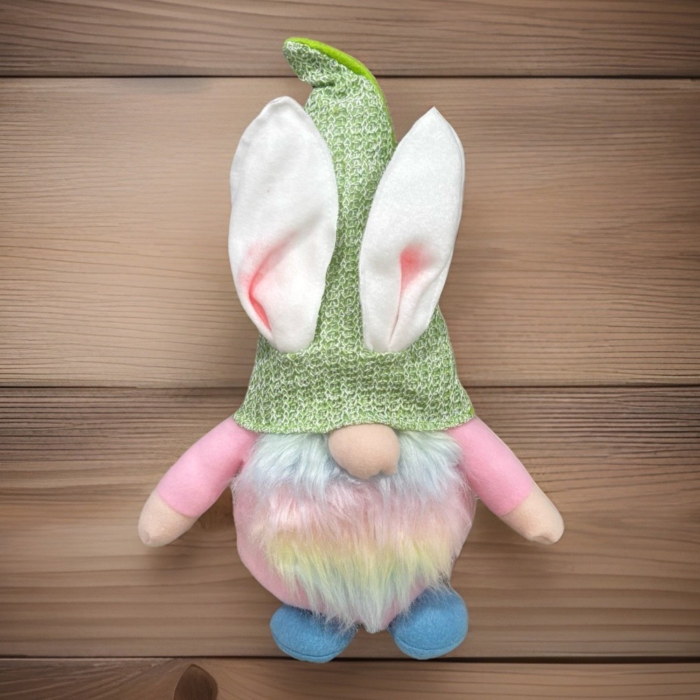 Spring Easter Plush 16" Gnome Home Décor Green Hat Rainbow Weighted Bottom Pink